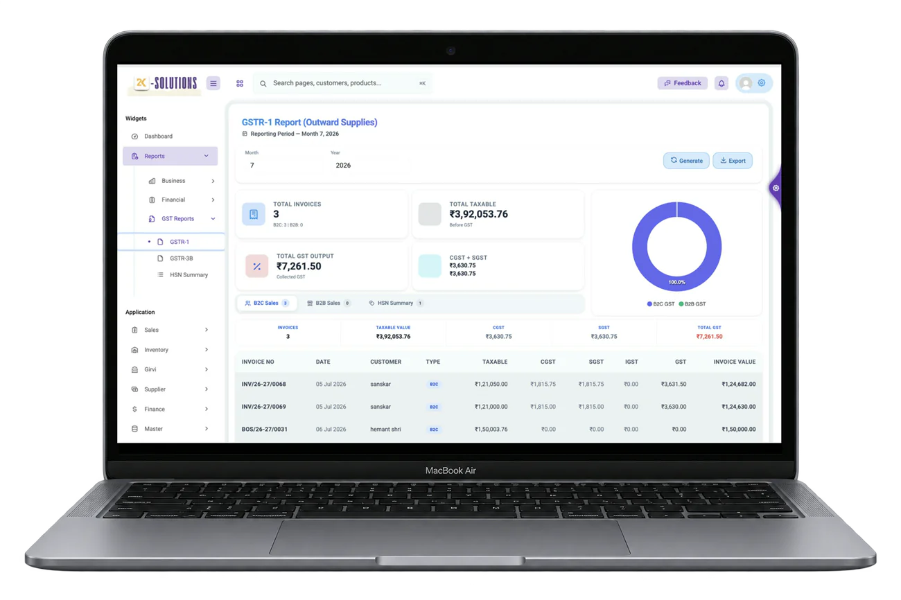 The GSTR-1 report on a laptop, generated from the shop's own billing data.