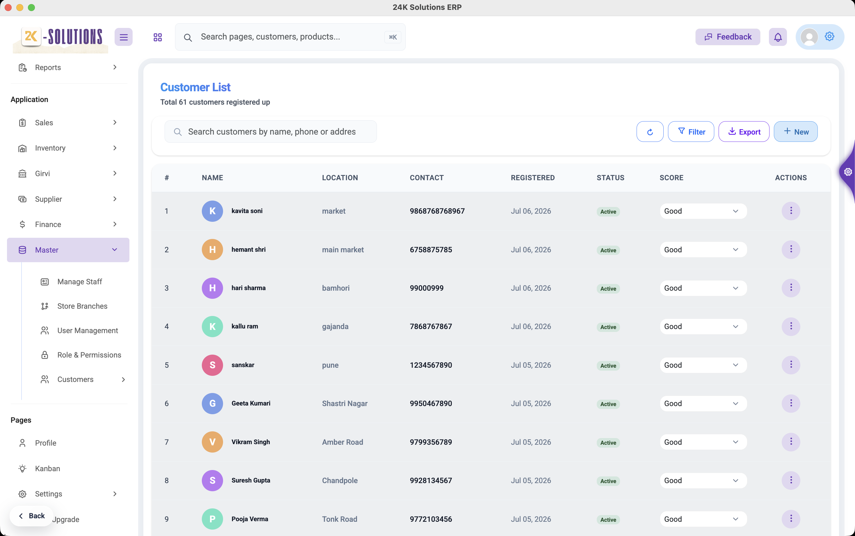 Customer management in 24KaratSolutions with a searchable customer list, contact details, location and credit score